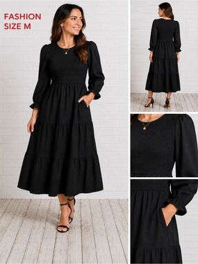 Fashion Black Smocked Tiered Midi Dress Size M Long Sleeve Boho Cottagecore